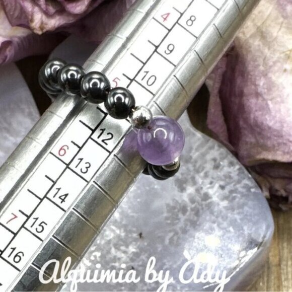 Amethys and hematite stones charms beaded ring band - Picture 3 of 4